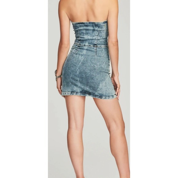 Retroféte Denim Mini Dress Strapless Button Front Slit Acid Wash XL - Picture 5 of 12